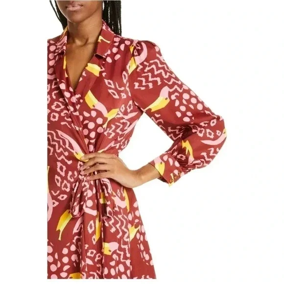 Farm Rio Toucanissimo Long Sleeve Print Wrap Dress Burgundy Size Small